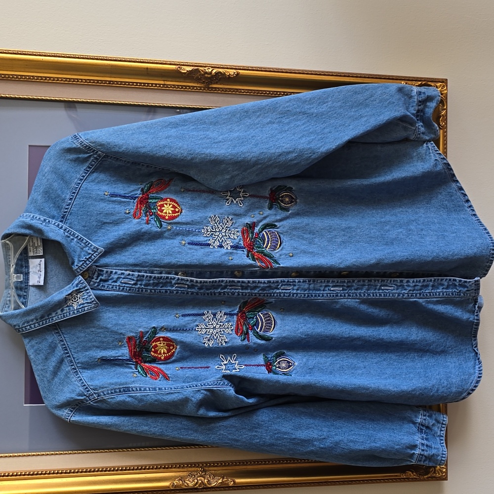 Bobbie Brooks Light Blue Holiday Embroidered Denim Shirt